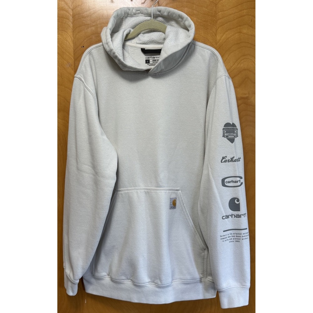 Carhartt Men's Loose Fit Hoodie Logo Sleeve Fleece Pullover Sweatshirt Ivory L